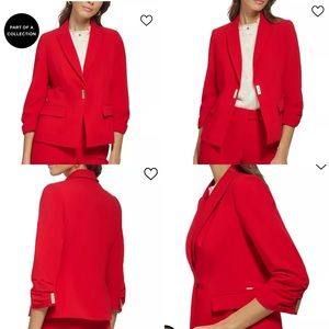 Petite Ruched-Sleeve Logo-Clasp Blazer,Beautiful red, size medium 8